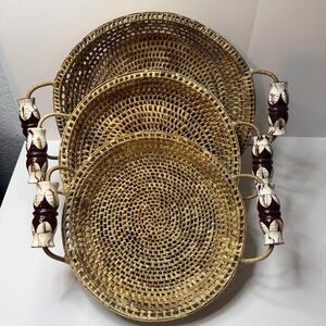 3 Nesting Round Woven Rattan Serving Tray Baskets w/ Ceramic Handles
